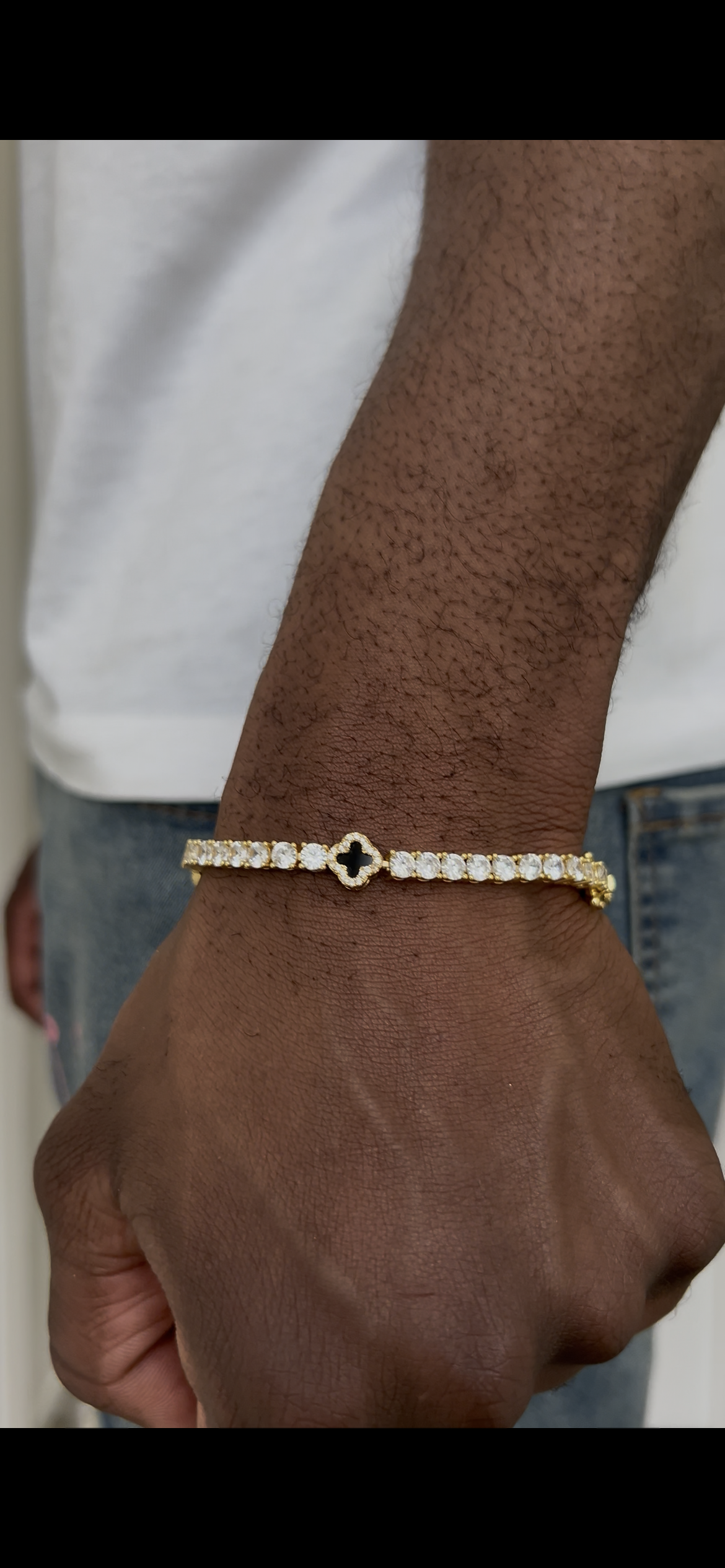Black Dial Four Leaf Clover 8mm 8 inch Zircon and Rhodium Plated Tennis Bracelet