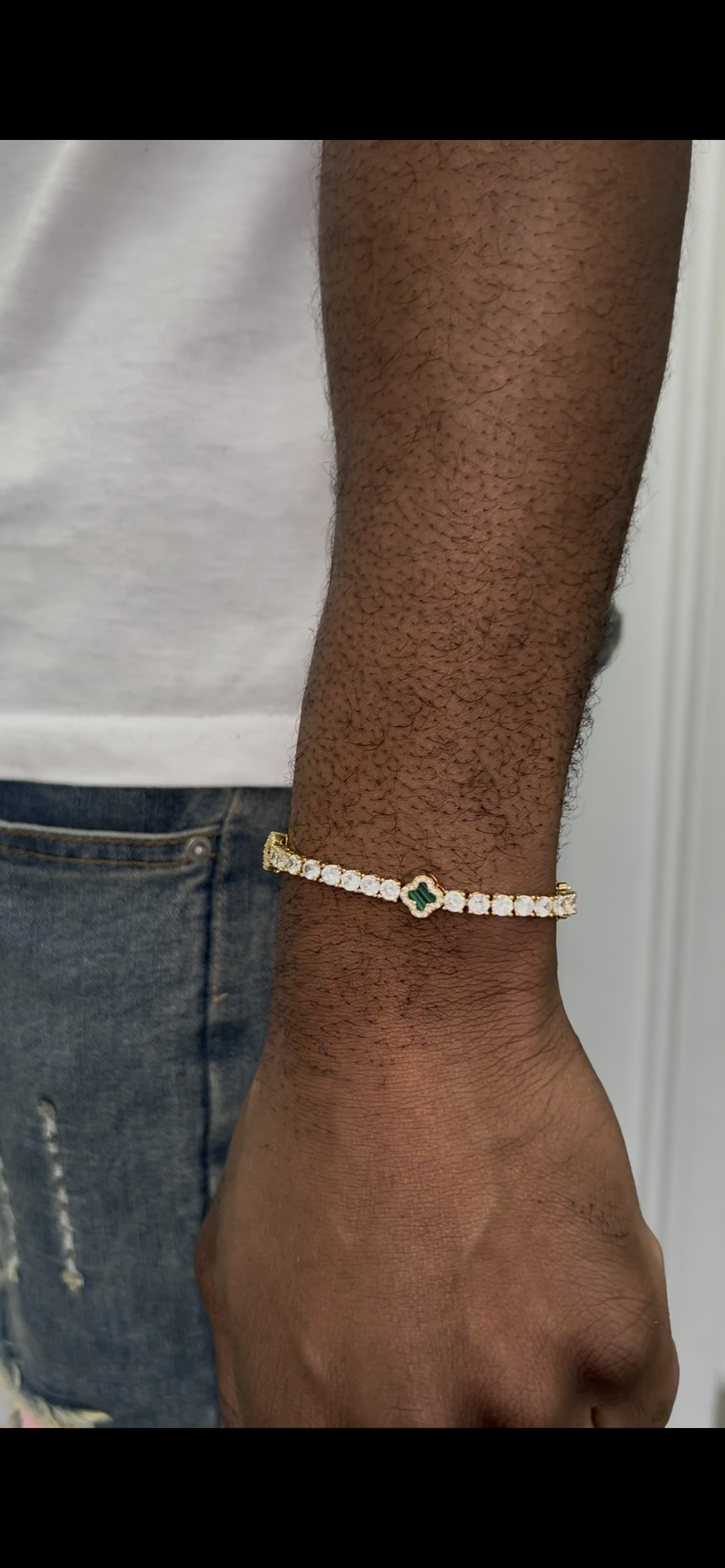 Green dial Four Leaf Clover 8mm 7 inch Zircon and Rhodium Plated Tennis Bracelet