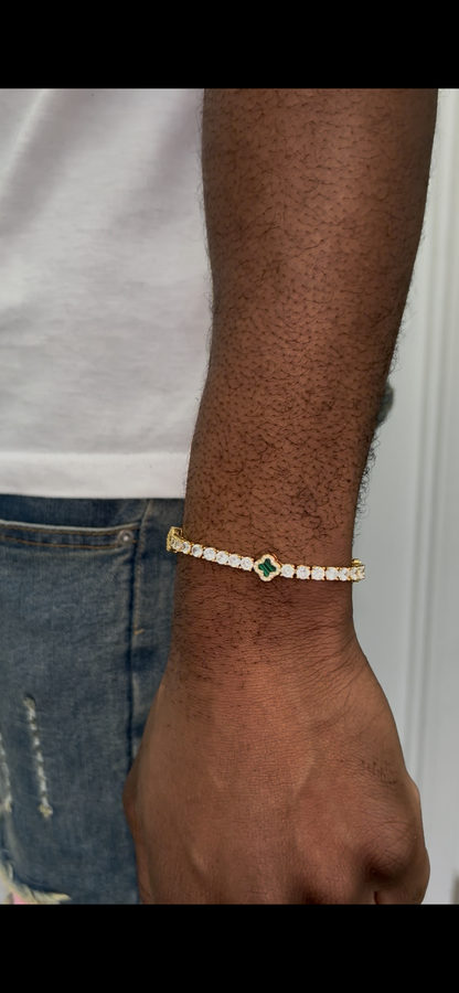 Green dial Four Leaf Clover 8mm 7 inch Zircon and Rhodium Plated Tennis Bracelet