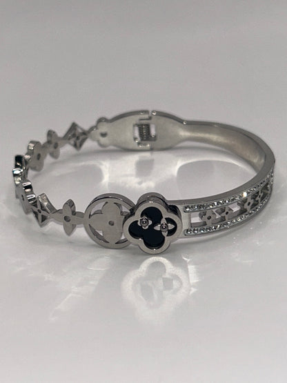 Four Leaf Clover Cleef Silver Cubic Zirconia Stainless Steel Bracelet
