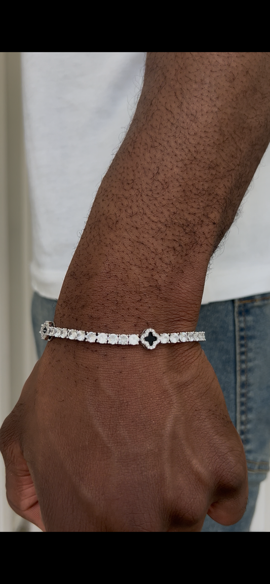 Black Dial Four Leaf 8mm 8 inch Clover Zircon and Rhodium Plated Tennis Bracelet