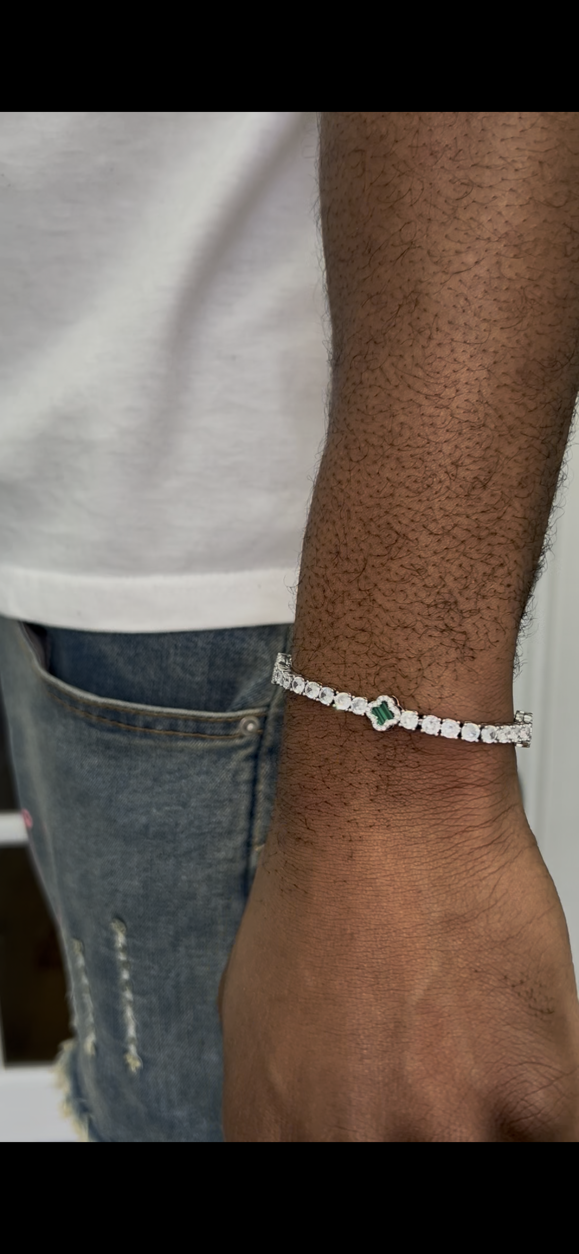 Green dial Four Leaf Clover 8mm 7inch Zircon and Rhodium Plated Tennis Bracelet