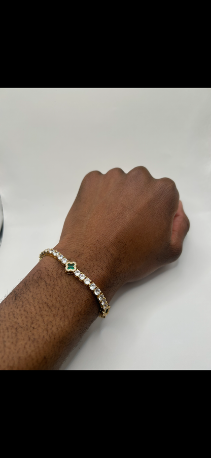 Green dial Four Leaf Clover 8mm 7 inch Zircon and Rhodium Plated Tennis Bracelet