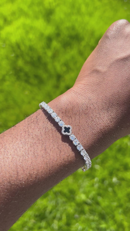 Four Leaf Clover silver black dial zircon and rhodium plated tennis bracelet