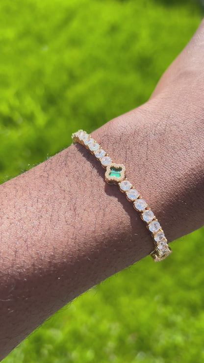 Four Leaf Clover Gold Green dial Zircon and Rhodium Plated Tennis Bracelet