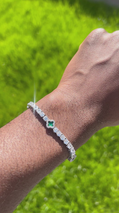 Four Leaf Clover Green dial Zircon and Rhodium Plated Tennis Bracelet